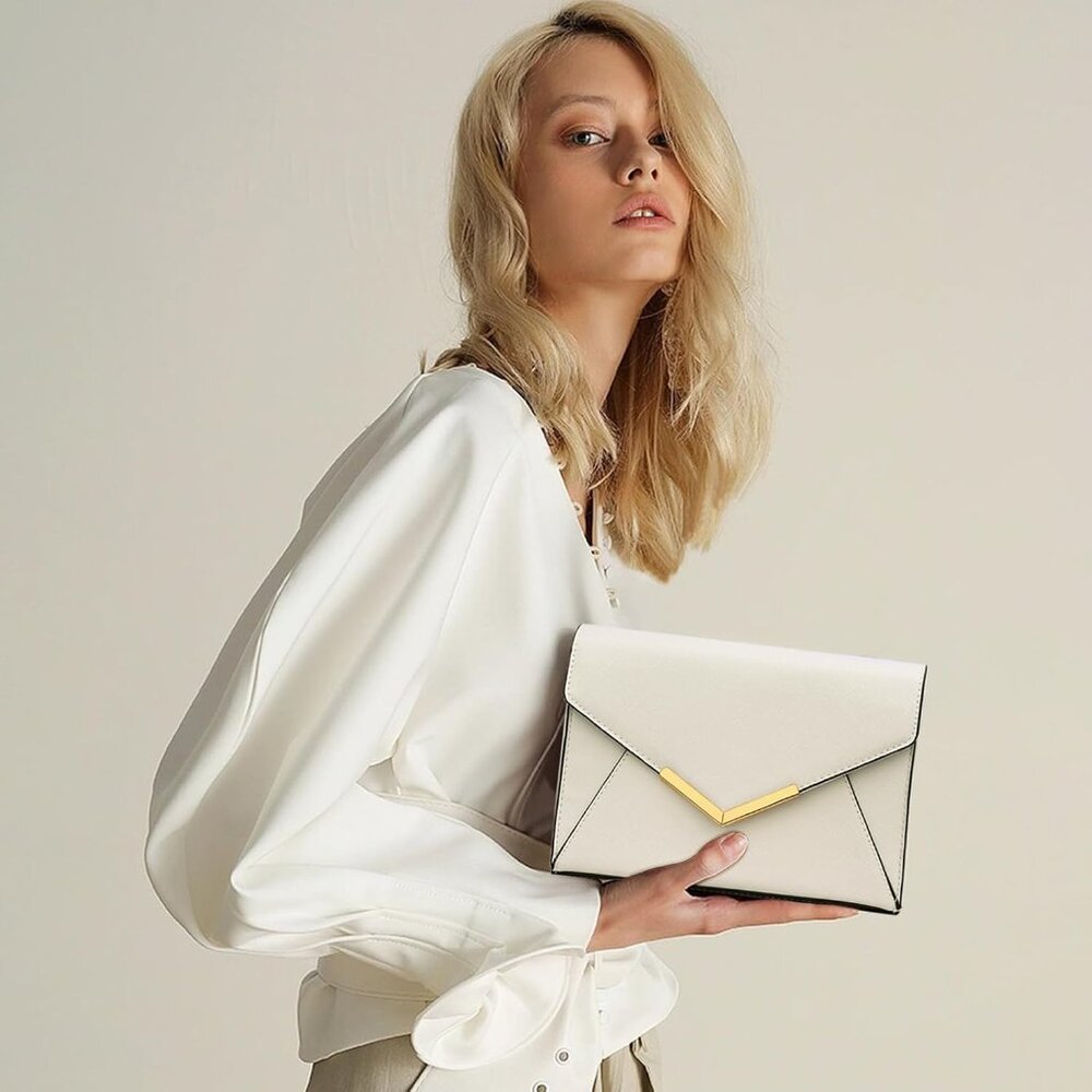 ⚡ Women's White Leather Elegant Snap Closure Envelope Foldover Clutch Bag